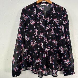 🦋 LC Lauren Conrad Black Floral Flowy Semi Sheer Long Sleeve Blouse